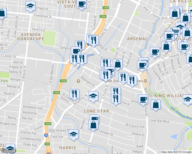 map of restaurants, bars, coffee shops, grocery stores, and more near 231 Keller in San Antonio