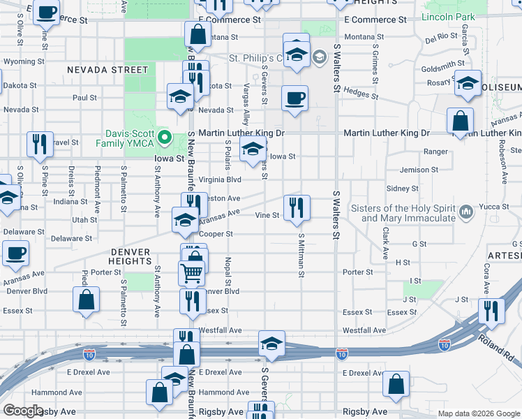 map of restaurants, bars, coffee shops, grocery stores, and more near 139 Vine Street in San Antonio