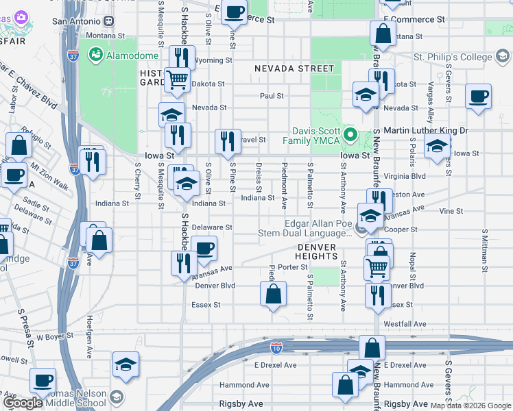 map of restaurants, bars, coffee shops, grocery stores, and more near 129 Utah Street in San Antonio