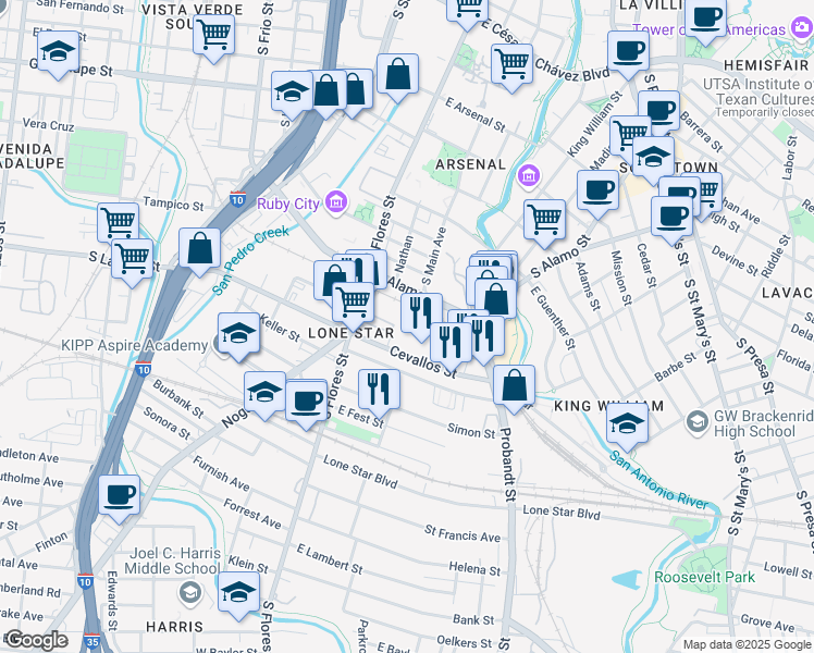 map of restaurants, bars, coffee shops, grocery stores, and more near 209 East Cevallos Street in San Antonio