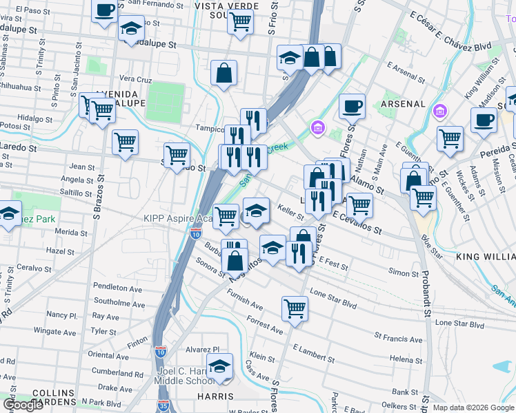 map of restaurants, bars, coffee shops, grocery stores, and more near 131 Rehmann Street in San Antonio