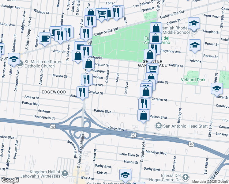 map of restaurants, bars, coffee shops, grocery stores, and more near 1716 Ceralvo Street in San Antonio