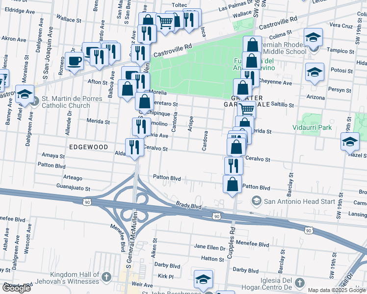 map of restaurants, bars, coffee shops, grocery stores, and more near 1716 Ceralvo Street in San Antonio