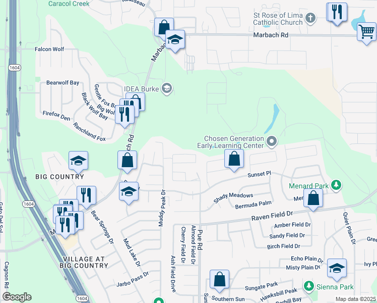 map of restaurants, bars, coffee shops, grocery stores, and more near 2403 Pue Road in San Antonio