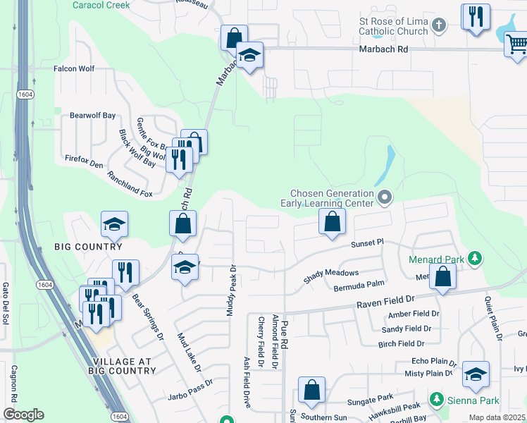 map of restaurants, bars, coffee shops, grocery stores, and more near 2403 Pue Road in San Antonio