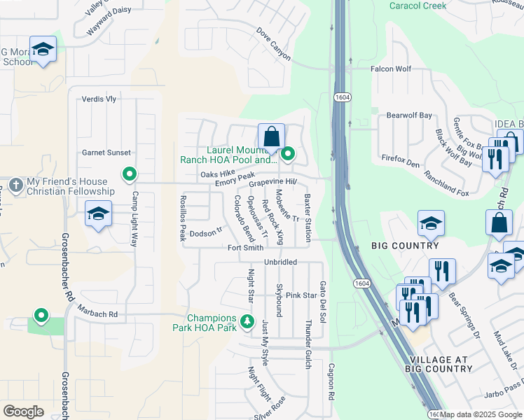 map of restaurants, bars, coffee shops, grocery stores, and more near 2139 Red Rock X-ing in San Antonio
