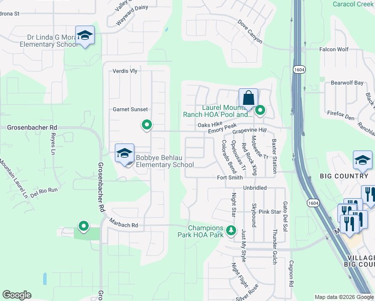 map of restaurants, bars, coffee shops, grocery stores, and more near 2215 Rosillos Peak in San Antonio