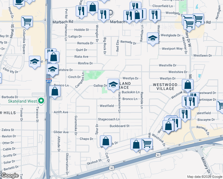 map of restaurants, bars, coffee shops, grocery stores, and more near 2315 Hackamore Lane in San Antonio