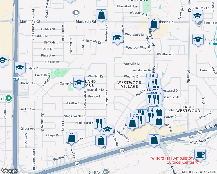 map of restaurants, bars, coffee shops, grocery stores, and more near 2223 Westvale Drive in San Antonio