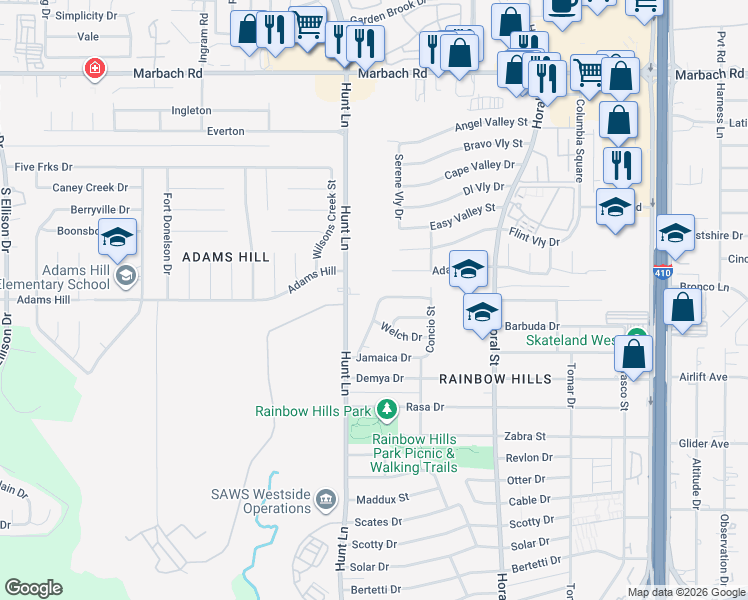map of restaurants, bars, coffee shops, grocery stores, and more near 138 Stapleton Street in San Antonio