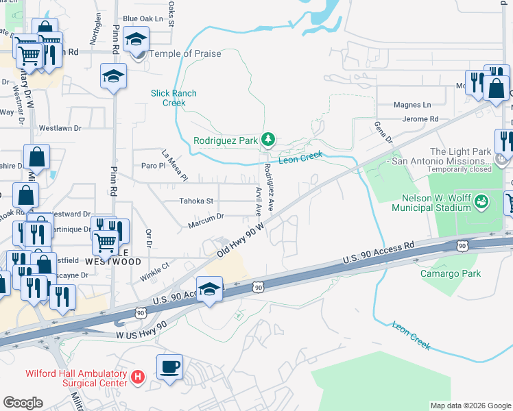 map of restaurants, bars, coffee shops, grocery stores, and more near 6301 Enrique M. Barrera Parkway in San Antonio