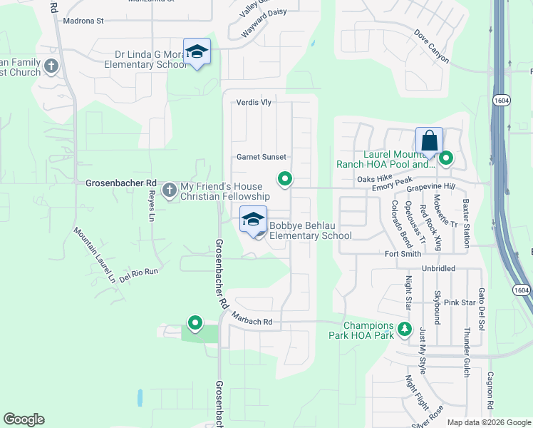map of restaurants, bars, coffee shops, grocery stores, and more near 11644 Hidden Terrace in San Antonio