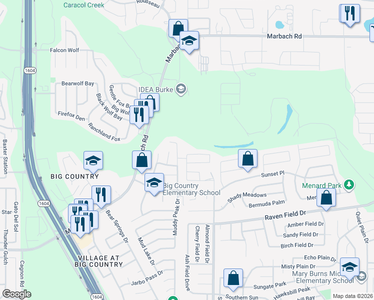 map of restaurants, bars, coffee shops, grocery stores, and more near 2403 Pue Road in San Antonio