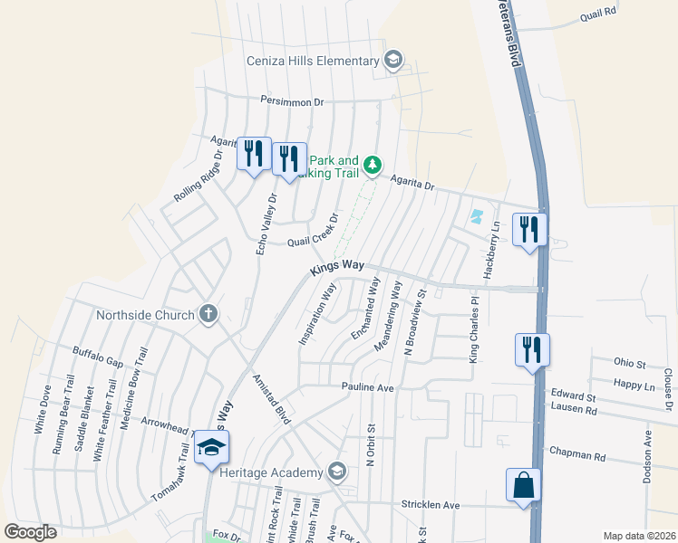 map of restaurants, bars, coffee shops, grocery stores, and more near 319 Inspiration Way in Del Rio