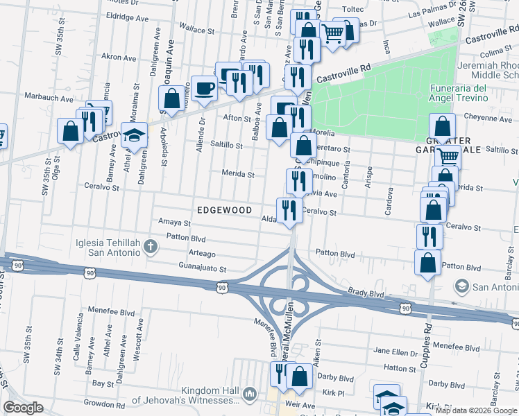map of restaurants, bars, coffee shops, grocery stores, and more near 201 Aldama in San Antonio