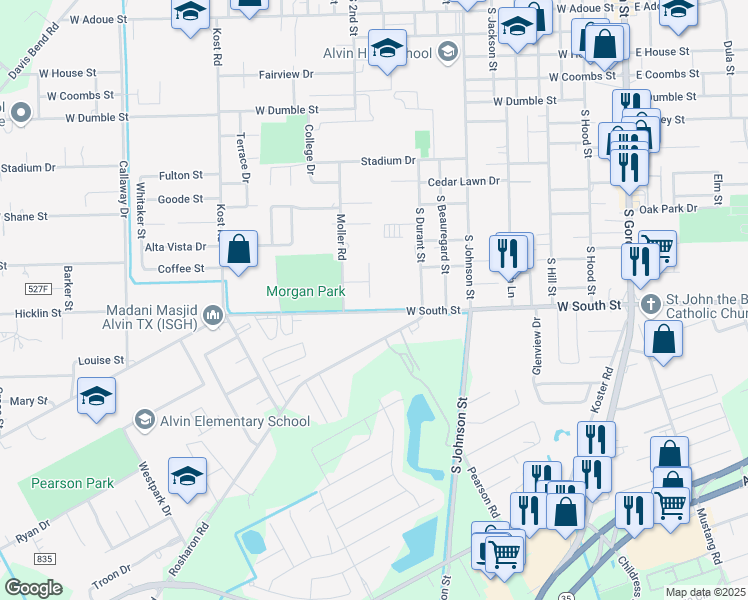 map of restaurants, bars, coffee shops, grocery stores, and more near 1201 West South Street in Alvin