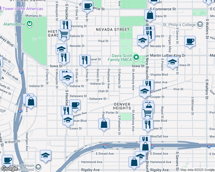 map of restaurants, bars, coffee shops, grocery stores, and more near 225 Utah Street in San Antonio