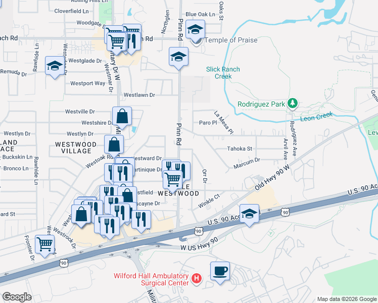 map of restaurants, bars, coffee shops, grocery stores, and more near 2214 Pinn Road in San Antonio