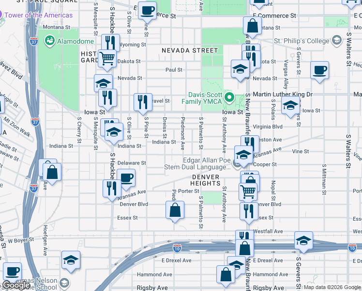 map of restaurants, bars, coffee shops, grocery stores, and more near 225 Utah Street in San Antonio