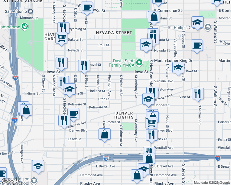 map of restaurants, bars, coffee shops, grocery stores, and more near 218 Shenandoah Street in San Antonio