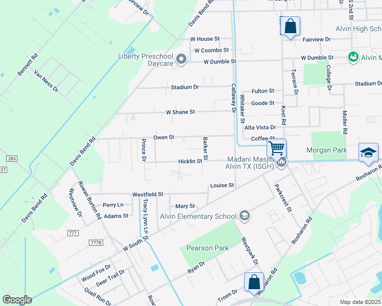 map of restaurants, bars, coffee shops, grocery stores, and more near 2475 County Road 527H in Alvin
