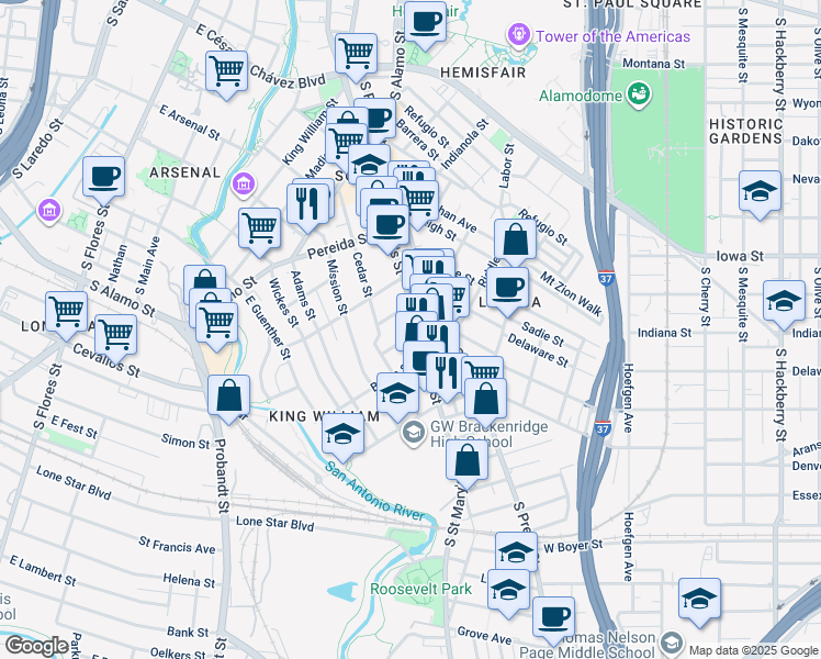 map of restaurants, bars, coffee shops, grocery stores, and more near 227 Claudia Street in San Antonio