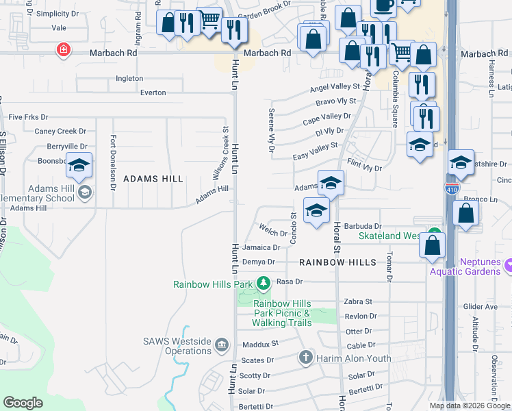 map of restaurants, bars, coffee shops, grocery stores, and more near 138 Stapleton Street in San Antonio
