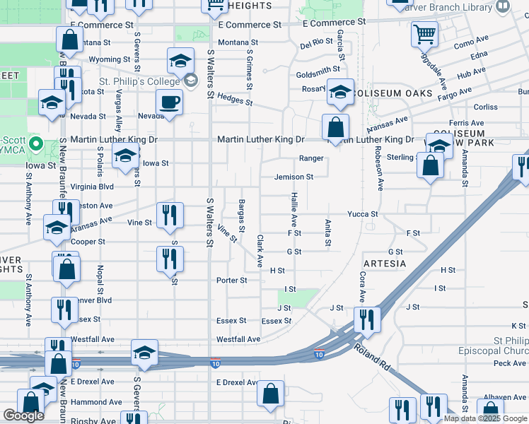 map of restaurants, bars, coffee shops, grocery stores, and more near 511 Clark Avenue in San Antonio