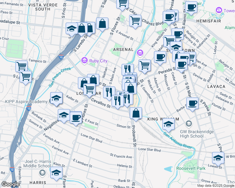 map of restaurants, bars, coffee shops, grocery stores, and more near 1518 South Alamo Street in San Antonio