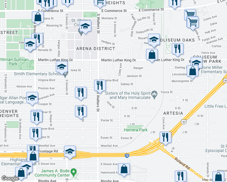 map of restaurants, bars, coffee shops, grocery stores, and more near 511 Clark Avenue in San Antonio