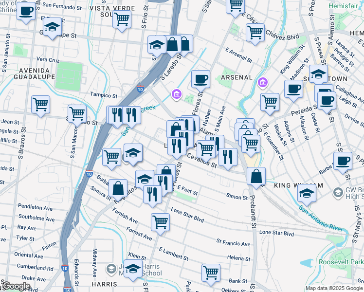 map of restaurants, bars, coffee shops, grocery stores, and more near 207 West Cevallos in San Antonio