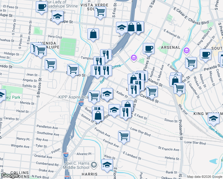 map of restaurants, bars, coffee shops, grocery stores, and more near 131 Rehmann Street in San Antonio