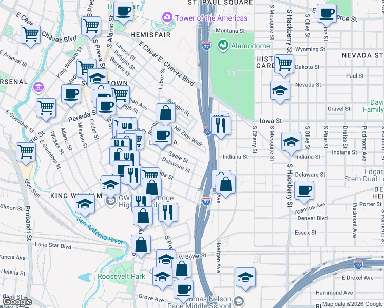 map of restaurants, bars, coffee shops, grocery stores, and more near 523 Devine Street in San Antonio