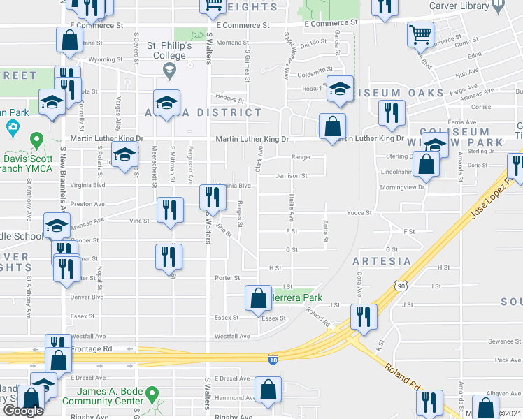 map of restaurants, bars, coffee shops, grocery stores, and more near 511 Clark Avenue in San Antonio