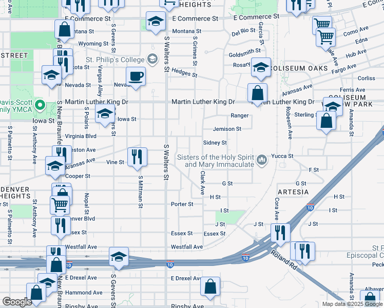 map of restaurants, bars, coffee shops, grocery stores, and more near 511 Clark Avenue in San Antonio