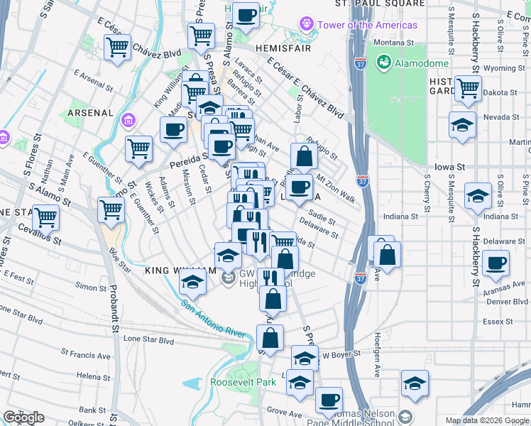 map of restaurants, bars, coffee shops, grocery stores, and more near 214 Vance Street in San Antonio