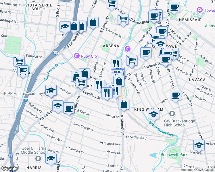 map of restaurants, bars, coffee shops, grocery stores, and more near 1518 South Alamo Street in San Antonio