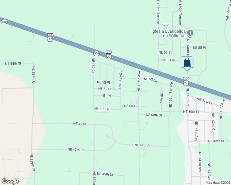map of restaurants, bars, coffee shops, grocery stores, and more near 5167 Northeast 134th Avenue in Williston