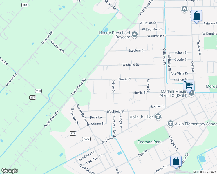 map of restaurants, bars, coffee shops, grocery stores, and more near 1621 Crown Drive in Alvin