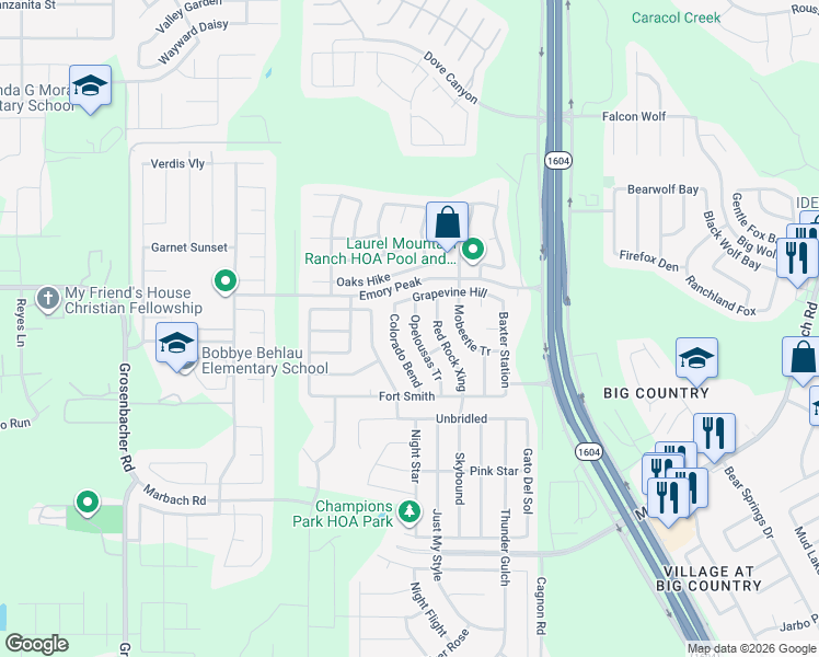 map of restaurants, bars, coffee shops, grocery stores, and more near 2151 Opelousas Tr in San Antonio