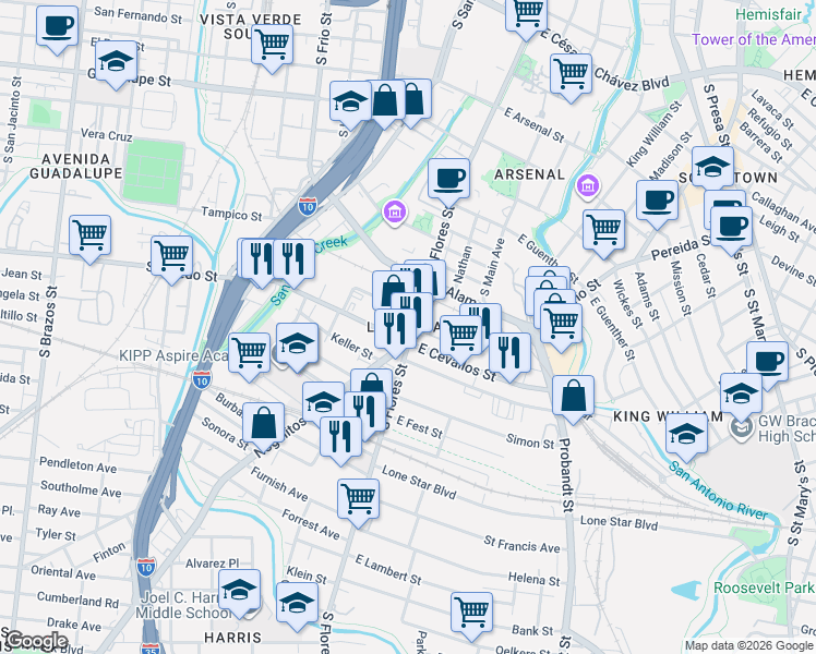 map of restaurants, bars, coffee shops, grocery stores, and more near 207 West Cevallos in San Antonio