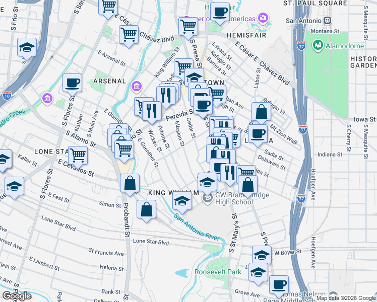 map of restaurants, bars, coffee shops, grocery stores, and more near 427 Mission Street in San Antonio