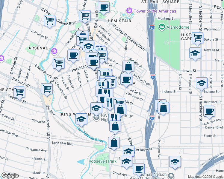 map of restaurants, bars, coffee shops, grocery stores, and more near 214 Vance Street in San Antonio