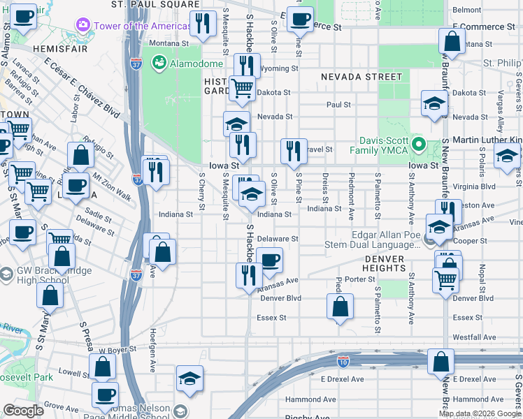 map of restaurants, bars, coffee shops, grocery stores, and more near 996 South Hackberry in San Antonio
