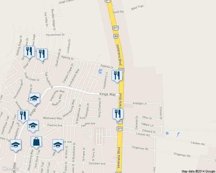 map of restaurants, bars, coffee shops, grocery stores, and more near 111 Kings Way in Del Rio