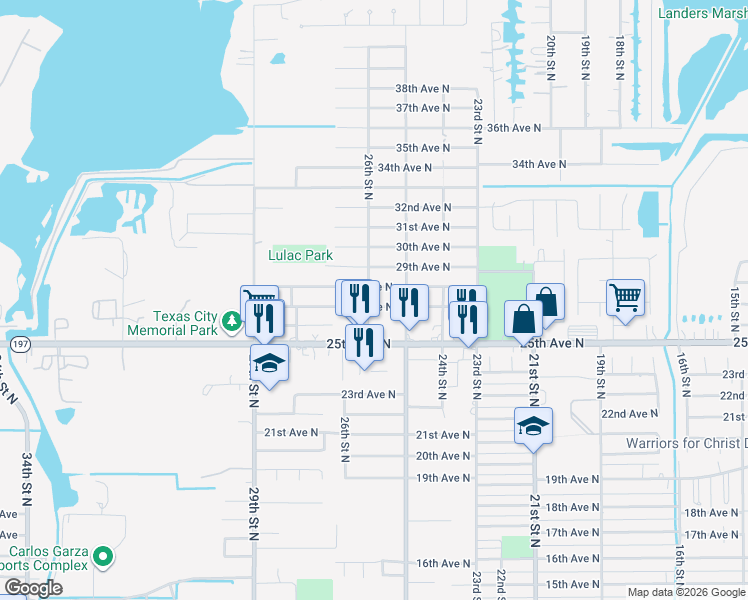 map of restaurants, bars, coffee shops, grocery stores, and more near 2525 27th Avenue North in Texas City