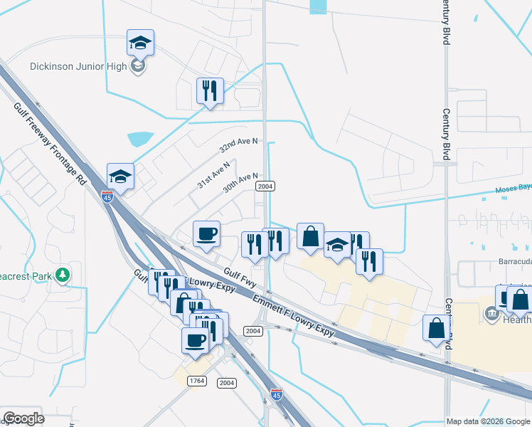 map of restaurants, bars, coffee shops, grocery stores, and more near 2701 Farm to Market 2004 in Texas City