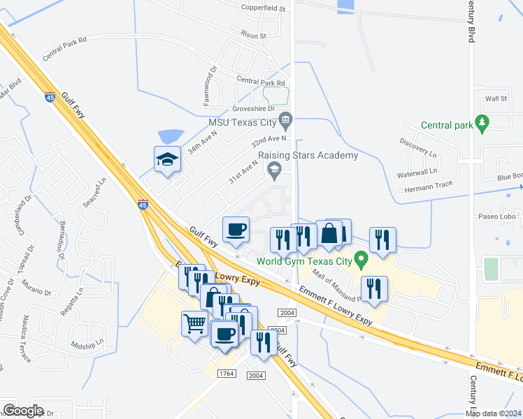 map of restaurants, bars, coffee shops, grocery stores, and more near 2701 Farm to Market 2004 in Texas City