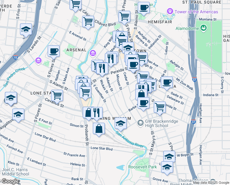 map of restaurants, bars, coffee shops, grocery stores, and more near 311 Adams Street in San Antonio