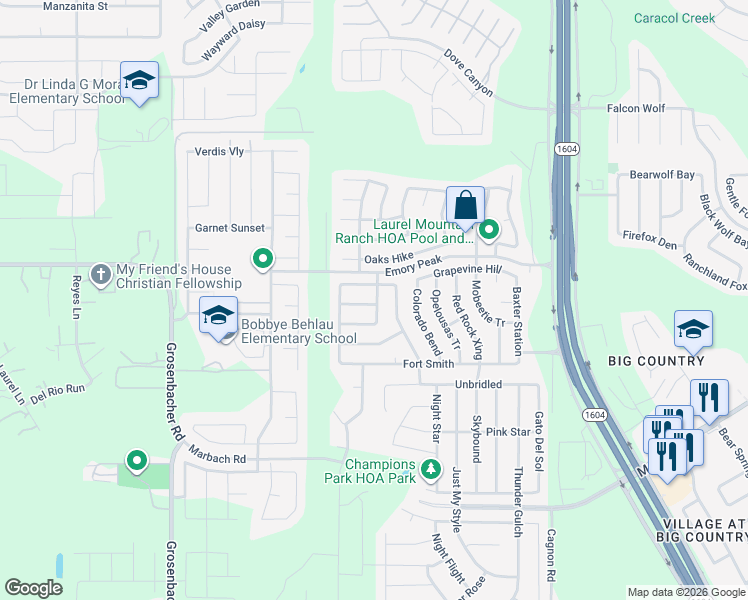 map of restaurants, bars, coffee shops, grocery stores, and more near 11407 Lost Mine Trail in San Antonio